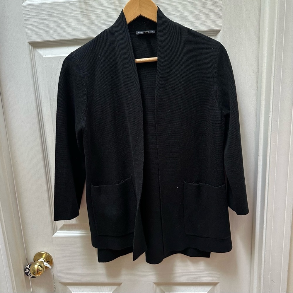Eileen Fisher Black Open Front Cardigan Silk Cotton XS